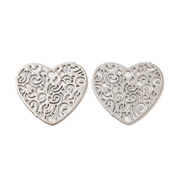 Brass Etched Metal Embellishments Charms, Long-Lasting Plated, Heart with Hollow Out, Platinum, 12.5x13.5x0.3mm, Hole: 1.2mm(KKC-D001-27P)