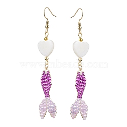 Glass & Shell Dangle Earrings, Fish & Heart 304 Stainless Steel Dangle Earrings for Women, Golden, Purple, 76.5~82x17mm(EJEW-MZ00160-01)