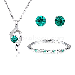 Rhinestone Twist Pendant Necklace & Diamond Bangle & Stud Earrings, Platinum Alloy Jewelry Set for Women, Emerald, 16.34 inch (415mm), 61x47mm, 6mm, Pin: 0.7mm(JEW101H)