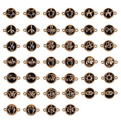 Glass Links Connectors, with Light Gold Plated Alloy Findings, Flat Round with Mixed Shapes, Black, 40pcs/box(GLAA-SZ0001-09A)