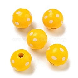 Printed Wood European Beads, Round with Dot Pattern, Gold, 15.5~16mm, Hole: 4~4.5mm(WOOD-G022-18K)