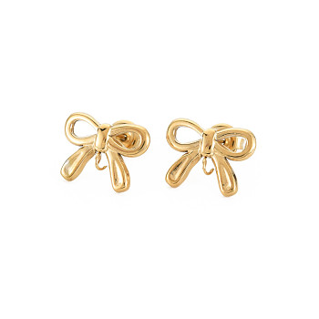 Ion Plating(IP) 304 Stainless Steel Stud Earring Findings, with Ear Nuts and Loops, Bowknot, Real 14K Gold Plated, 12x15mm, Hole: 1.8mm, Pin: 0.7mm