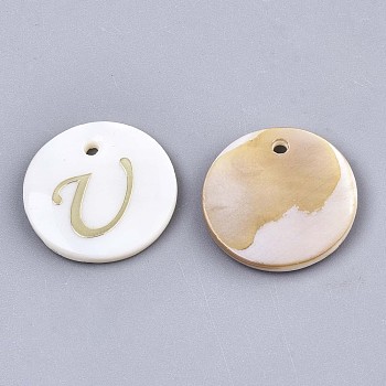Natural Freshwater Shell Pendants, with Golden Plated Brass Etched Metal Embellishments, Flat Round with Letter, Letter.U, 15x2mm, Hole: 1.2mm