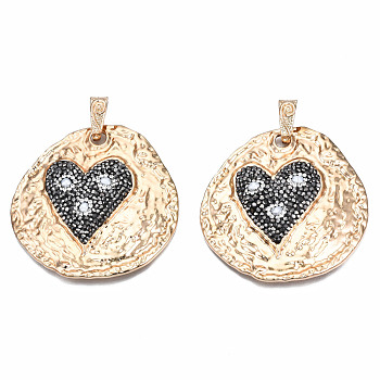 Rack Plating Alloy Rhinestone Big Pendants, with Shell Pearl Beads, Flat Round with Heart, Jet Hematite, Golden, 60~62x59~61x5mm, Hole: 14x5.5mm