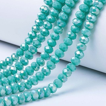 Electroplate Glass Beads Strands, Opaque Solid Color, AB Color Plated, Faceted, Rondelle, Medium Turquoise, 3.5x3mm, Hole: 0.4mm, about 123~127pcs/strand, 13.7~14.1 inch(35~36cm)