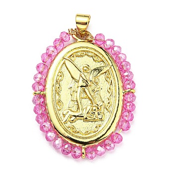 Brass with Glass Pendants, Cadmium Free & Lead Free, Real 18K Gold Plated, Oval with Angel Pattern, Fuchsia, 35x26x3mm, Hole: 3.5x4mm