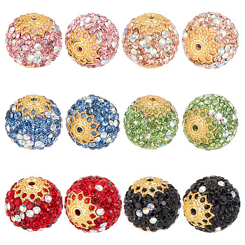 Elite 12Pcs 6 Colors Glass Rhinestone Clay Pave Beads, with Golden Brass Finding, Round, Mixed Color, 17mm, Hole: 1mm, 2pcs/color