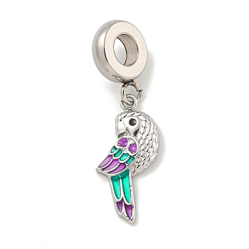 304 Stainless Steel Enamel European Dangle Charms, Bird Large Hole Pendants, Stainless Steel Color, 29.5mm, Hole: 4.5mm, Pendant: 18.5x8.5x2mm