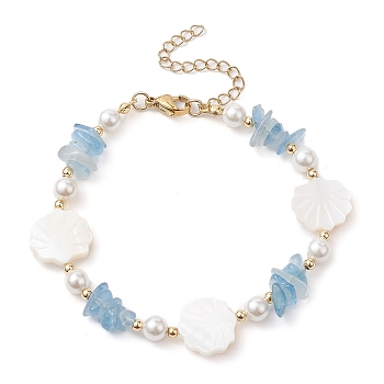 Natural Aquamarine Chips & Shell Pearl Beaded Bracelet, 7-3/4 inch(19.8cm)