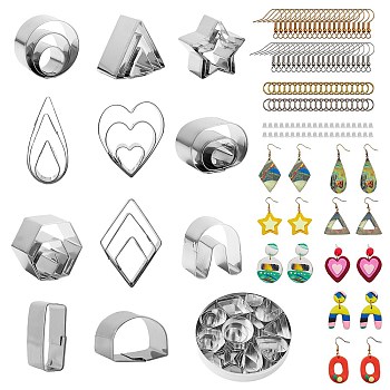 DIY Cutters Set Earrings Making Finding Kits, Including 27Pcs 430 Stainless Steel Cookie Cutters, 40Pcs Iron Earring Hooks & 40Pcs Jump Rings, 40Pcs Plastic Ear Nuts, Mixed Color, 147pcs/set