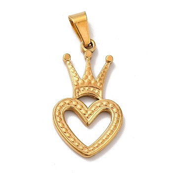 Vacuum Plating 201 Stainless Steel Pendants, Heart with Crown, Golden, 28x16x2mm, Hole: 6x3mm