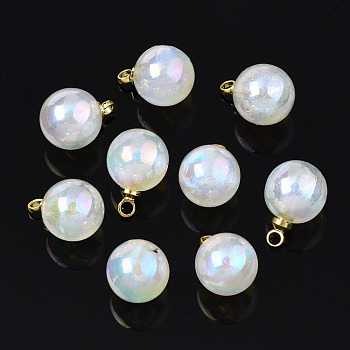ABS Plastic Imitation Pearl Charms, with Brass Findings, AB Color Plated, Golden, Round, White, 11.5x8mm, Hole: 1.5mm