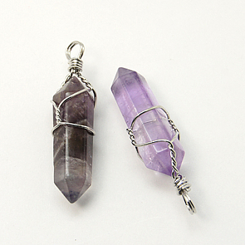 Natural Amethyst Double Terminated Pointed Pendants, with Brass Pendant Settings, Faceted, Bullet, Platinum Metal Color, 35~45x10~13mm, Hole: 3mm