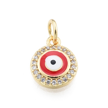 Brass Micro Pave Clear Cubic Zirconia Charms, with Enamel and Jump Rings, Golden, Flat Round with Evil Eye, Red, 11x9.5x2mm, Hole: 3mm