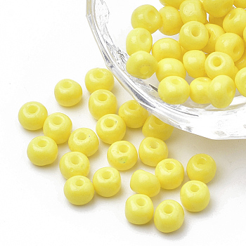 6/0 Baking Paint Glass Seed Beads, Round, Yellow, 4~4.5x3mm, Hole: 1~1.2mm, about 4500pcs/bag, about 450g/bag