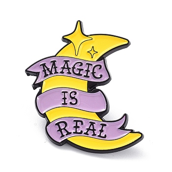 Alloy Enamel Brooches, Enamel Pin, Moon with Magic is Real, Medium Orchid, 29x23x10mm