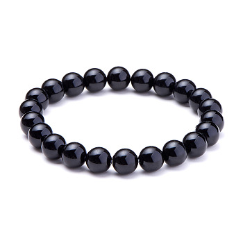Natural Blacke Agate Round Beads Stretch Bracelets, 50~52mm
