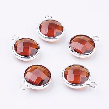 Silver Color Plated Brass Glass Flat Round Charms, Faceted, Chocolate, 12x8.5x3mm, Hole: 1.5mm