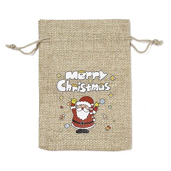 Christmas Printed Burlap Packing Pouches Drawstring Bags, Rectangle, Tan, Santa Claus, 14x10x0.01cm