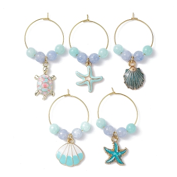 Turtle/Starfish/Shell Alloy Enamel Wine Glass Charms, with Hoop Earrings Findings and Natural Jade/Malaysia Jade Bead, Mixed Shapes, 45~54mm, Inner Diameter: 23mm