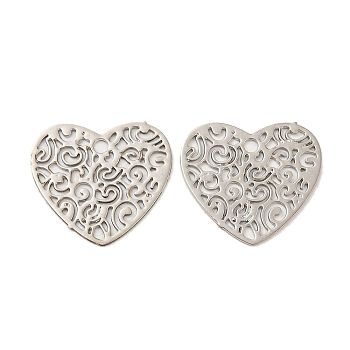 Brass Etched Metal Embellishments Charms, Long-Lasting Plated, Heart with Hollow Out, Platinum, 12.5x13.5x0.3mm, Hole: 1.2mm