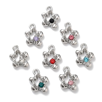 Rack Plating Alloy Rhinestone Pendants, Lead Free & Cadmium Free & Nickel Free, Flower, Platinum, Mixed Color, 16x12x5mm, Hole: 1.8mm