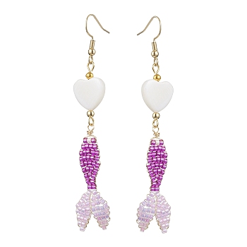 Glass & Shell Dangle Earrings, Fish & Heart 304 Stainless Steel Dangle Earrings for Women, Golden, Purple, 76.5~82x17mm