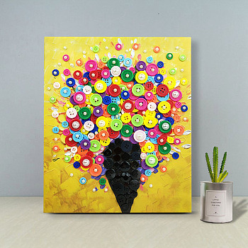 Creative DIY Flower Pattern Resin Button Art, with Canvas Painting Paper and Wood Frame, Educational Craft Painting Sticky Toys for Kids, Colorful, 30x25x1.3cm