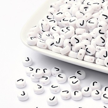 Acrylic Beads, with Horizontal Hole, Letter, Flat Round, Letter.J, 7x4mm, Hole: 1mm, about 146pcs/20g