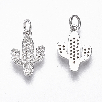 Brass Micro Pave Cubic Zirconia Pendants, with Jump Ring, Nickel Free, Cactus, Clear, Real Platinum Plated, 16x11x2mm, Hole: 3mm