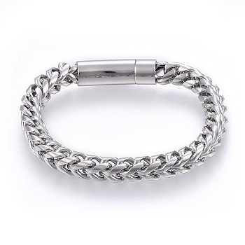 304 Stainless Steel Chain Bracelets, with Bayonet Clasps, Stainless Steel Color, 8-5/8 inch(22cm), 8x8mm