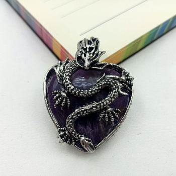 Natural Amethyst Heart Pendants, Antique Silver Plated Metal Dragon Wrapped Charms, 42x32x11mm