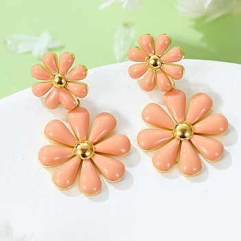 304 Stainless Steel Enamel Stud Earrings, Flower, Golden, Light Salmon, 31x18.1mm