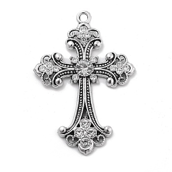 Alloy Rhinestone Big Pendants, Stainless Steel Color, Cross, 69x46.5x6mm, Hole: 4mm