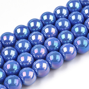 Electroplate Opaque Glass Beads Strands, AB Color Plated, Round, Royal Blue, 8~8.5mm, Hole: 1.5mm, about 51~53pcs/strand, 14.96 inch~15.55 inch(38~39.7cm)