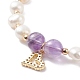 Natural Amethyst & Pearl Beaded Bracelet with Cubic Zirconia Heart Charm(BJEW-JB08167-01)-5