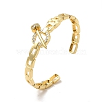 Clear Cubic Zirconia Ring & Nail & Padlock Open Cuff Bangle, Ion Plating(IP) Brass Hollow Bangle for Women, Real 18K Gold Plated, Inner Diameter: 2-1/4 inch(5.65cm)(BJEW-C027-02G)