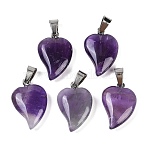 Natural Amethyst Heart Pendants, Love Heart Charms with 304 Stainless Steel Snap on Bails, Stainless Steel Color, 22.5x15.5x6mm, Hole: 6x3.5mm(G-H073-03P-01)