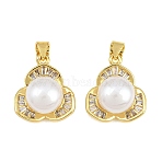 Brass Micro Pave Clear Cubic Zirconia Pendants, with ABS Plastic Imitation Pearl, Flower Charms, Rack Plating, Long-Lasting Plated, Lead Free & Cadmium Free, Golden, 18x15.5x8.5mm, Hole: 3.5x3mm(KK-CBA6A75-45G)