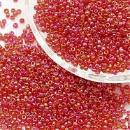12/0 Round Glass Seed Beads, Grade A, Transparent Colours Rainbow, Cerise, 1.8~2.0mm, Hole: 0.8mm, about 28000pcs/pound(SEED-J011-F12-165B)