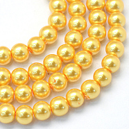 Baking Painted Pearlized Glass Pearl Round Bead Strands, Gold, 8~9mm, Hole: 1mm, about 105pcs/strand, 31.4 inch(X-HY-Q330-8mm-56)