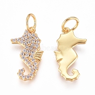 Brass Charms, with Micro Pave Cubic Zirconia and Jump Rings, Sea Horse, Clear, Golden, 15.5x8x1.2mm, Hole: 3.2mm(X-ZIRC-L070-76G)