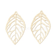 Brass Pendants, Long-Lasting Plated, Rack Plating, Cadmium Free & Lead Free, Hollow Leaf, Textured, Filigree, Real 14K Gold Plated, 34.5x20.5x0.5mm, Hole: 1mm(KK-D069-06G-01-RS)