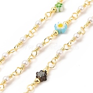 Glass Pearl & Flower Beaded Chains, with Real 18K Gold Plated Brass Findings, Soldered, with Spools, Colorful, 18.5x5x2.5mm, about 3.28 Feet(1m)/Roll(CHC-CJ0001-69)