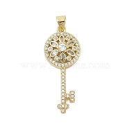 Skeleton Key Rack Plating Brass Micro Pave Cubic Zirconia Pendants, Long-Lasting Plated, Lead Free & Cadmium Free, Real 18K Gold Plated, 32.5x13.5x5mm, Hole: 3.5x5mm(KK-Z074-24G)