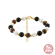 Natural Tiger Eye & Black Obsidian Beaded Bead Bracelets, Adjustable 925 Sterling Silver Clasps for Women, Real 14K Gold Plated, 6-1/4 inch(16cm)(BJEW-L692-004G)