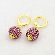 Dangling Round Ball Resin Rhinestone Earrings, with Golden Plated Brass Leverback Hoop Earring Settings, Rose, 30mm, Pin: 1mm(EJEW-J080-22G)