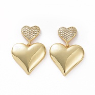 Clear Cubic Zirconia Heart Dangle Stud Earrings, Brass Jewelry for Woman, Golden, 30mm, Pin: 0.7mm(EJEW-F304-09G)