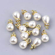 High Luster ABS Plastic Imitation Pearl Pendants, with Golden Plated Iron Findings and Crystal Rhinestone, Teardrop, Golden, 15x8mm, Hole: 2.5mm(X-RB-T011-03A-G)