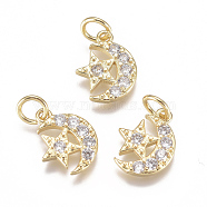 Brass Micro Pave Cubic Zirconia Charms, with Jump Ring, Long-Lasting Plated, Moon with Star, Clear, Real 18K Gold Plated, 12x9x2mm, Hole: 3mm(ZIRC-F111-20G)